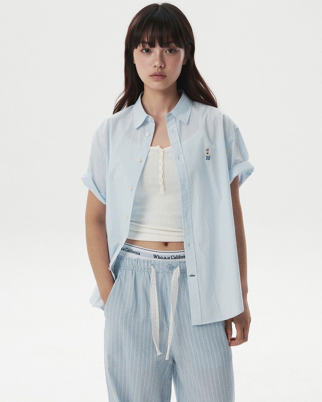  Áo Sơ Mi WHOAU [Unisex] - Steve Loose Fit Short Sleeve Shirts Blue - WHYAG2511F 