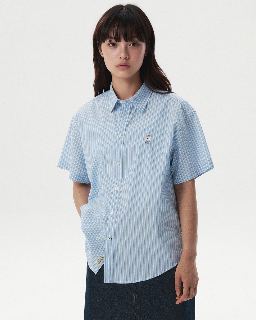  Áo Sơ Mi WHOAU [Unisex] - Steve Loose Fit Short Sleeve Shirts Stripe Blue - WHYAG2511F 