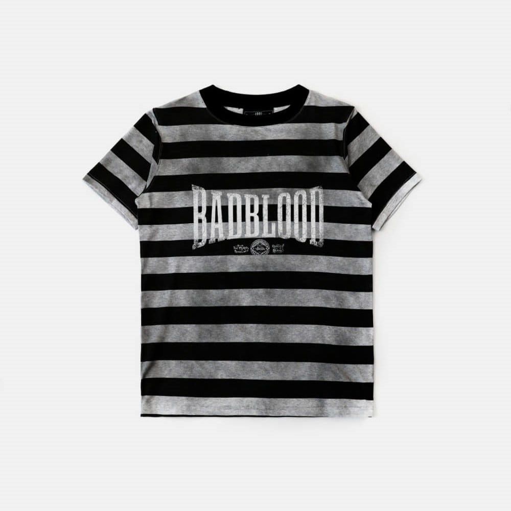  Áo Thun [Unisex] Badblood - [w-tee25-066] Curved Logo Dusty Stripe T-Shirt Black/Grey 