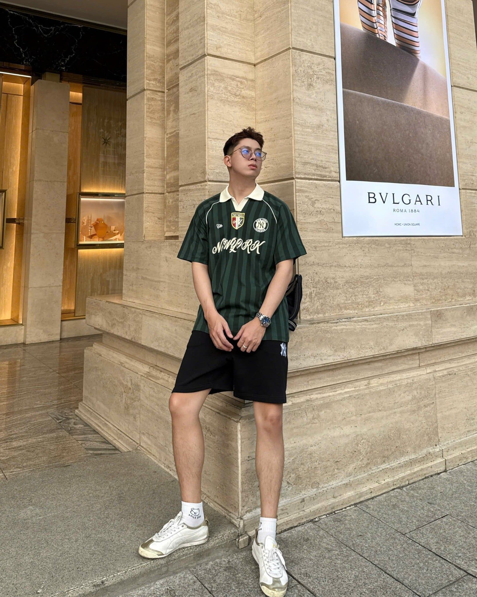  Áo Thun Polo New Era - [Unisex] NY Stripe Middle Logo Green/White 