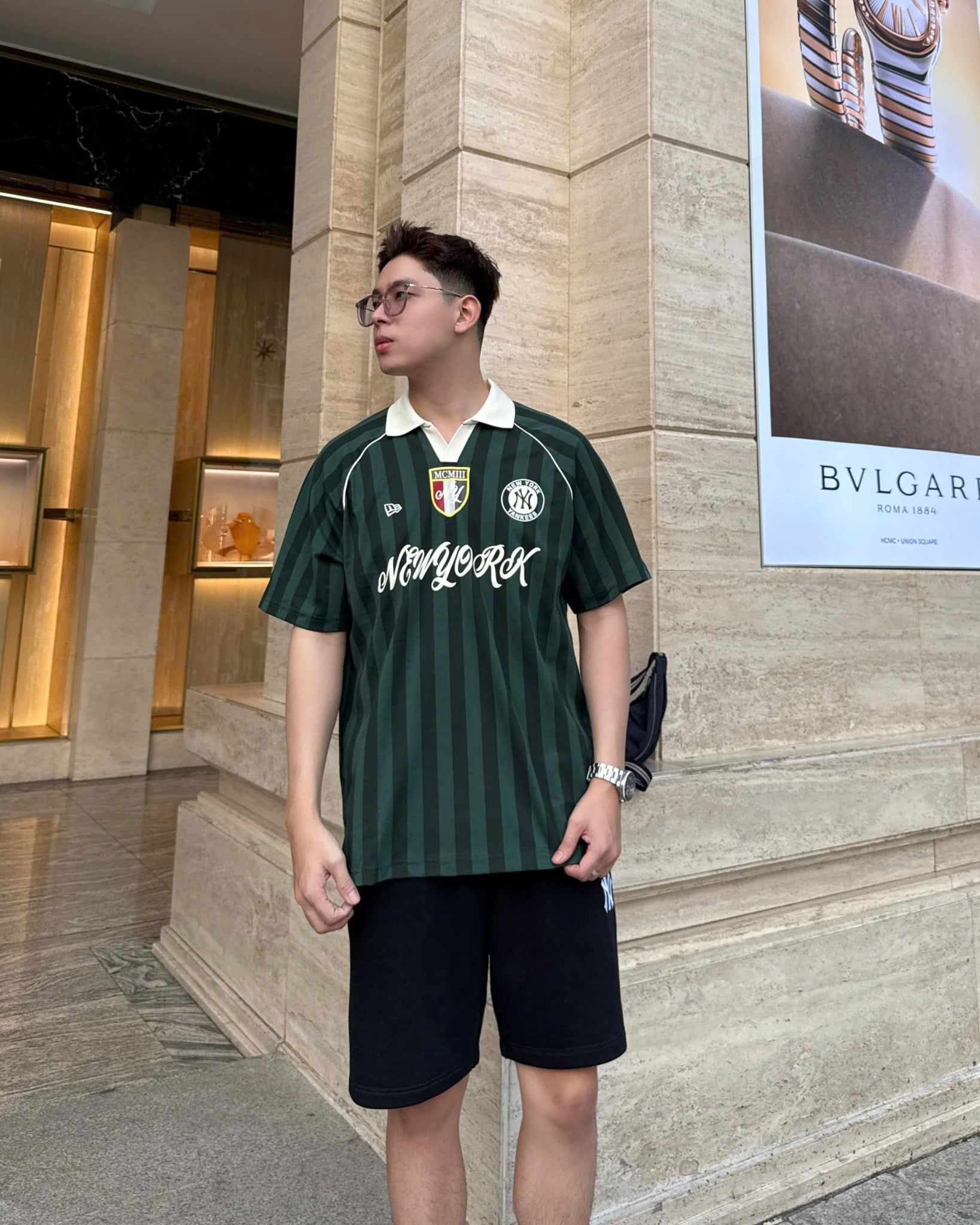  Áo Thun Polo New Era - [Unisex] NY Stripe Middle Logo Green/White 