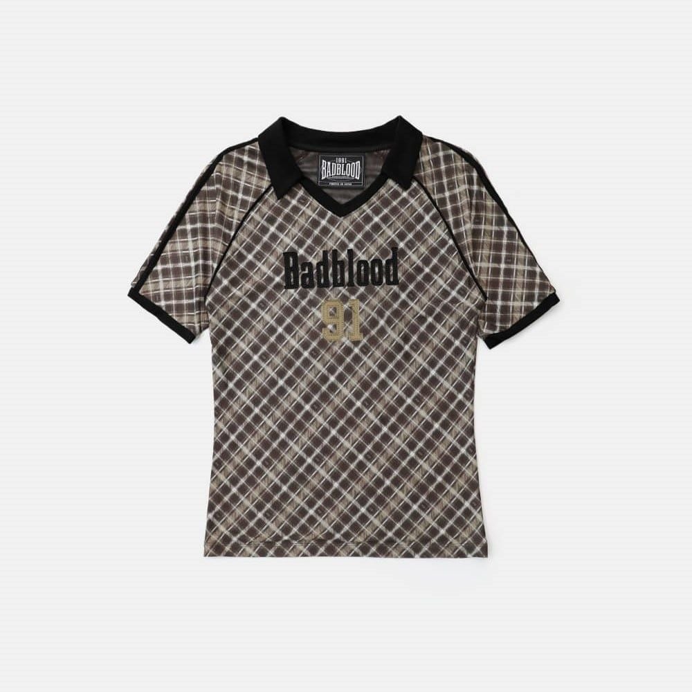  Áo Thun [Unisex] Badblood - [w-tee25-023] Vintage Club V-Neck Check T-Shirt Brown 