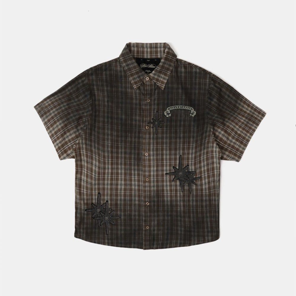  Áo Sơ Mi [Unisex] Badblood - [w-sht25-007] Cosmo Graphic Short Sleeve Shirt Brown Check 