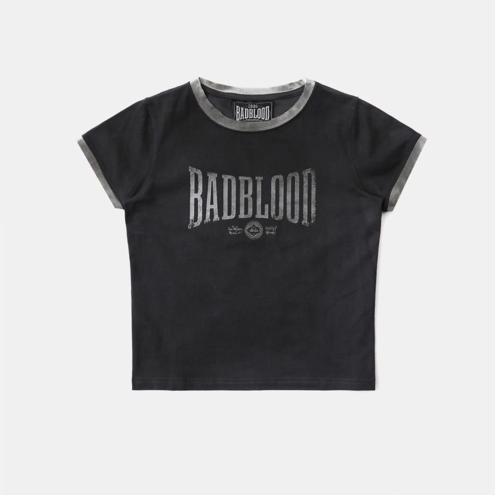  Áo Thun [Unisex] Badblood - [w-tee25-054] Curved Logo Dusty Ringer T-Shirt Black 