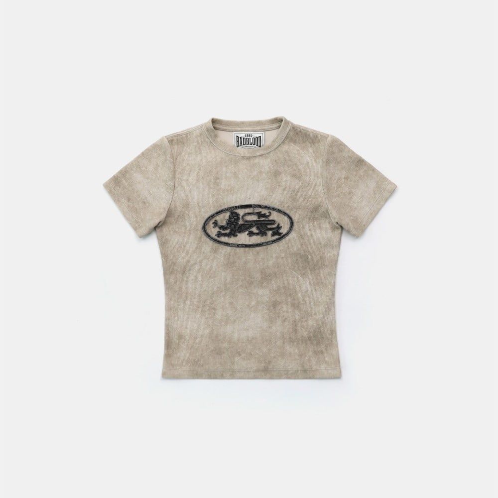  Áo Thun [Unisex] Badblood - [w-tee25-032] Lion Patch Short Sleeve Slim Fit Washed Beige 
