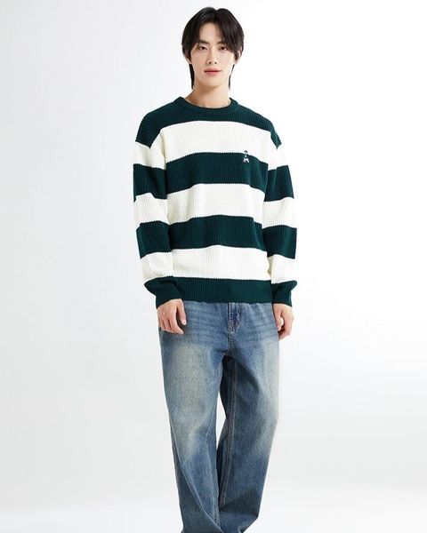  Áo Sweater SPAO [Unisex] - (Woody) Haji Stripe Sweater Xanh Rêu - SPKWE4TC40 