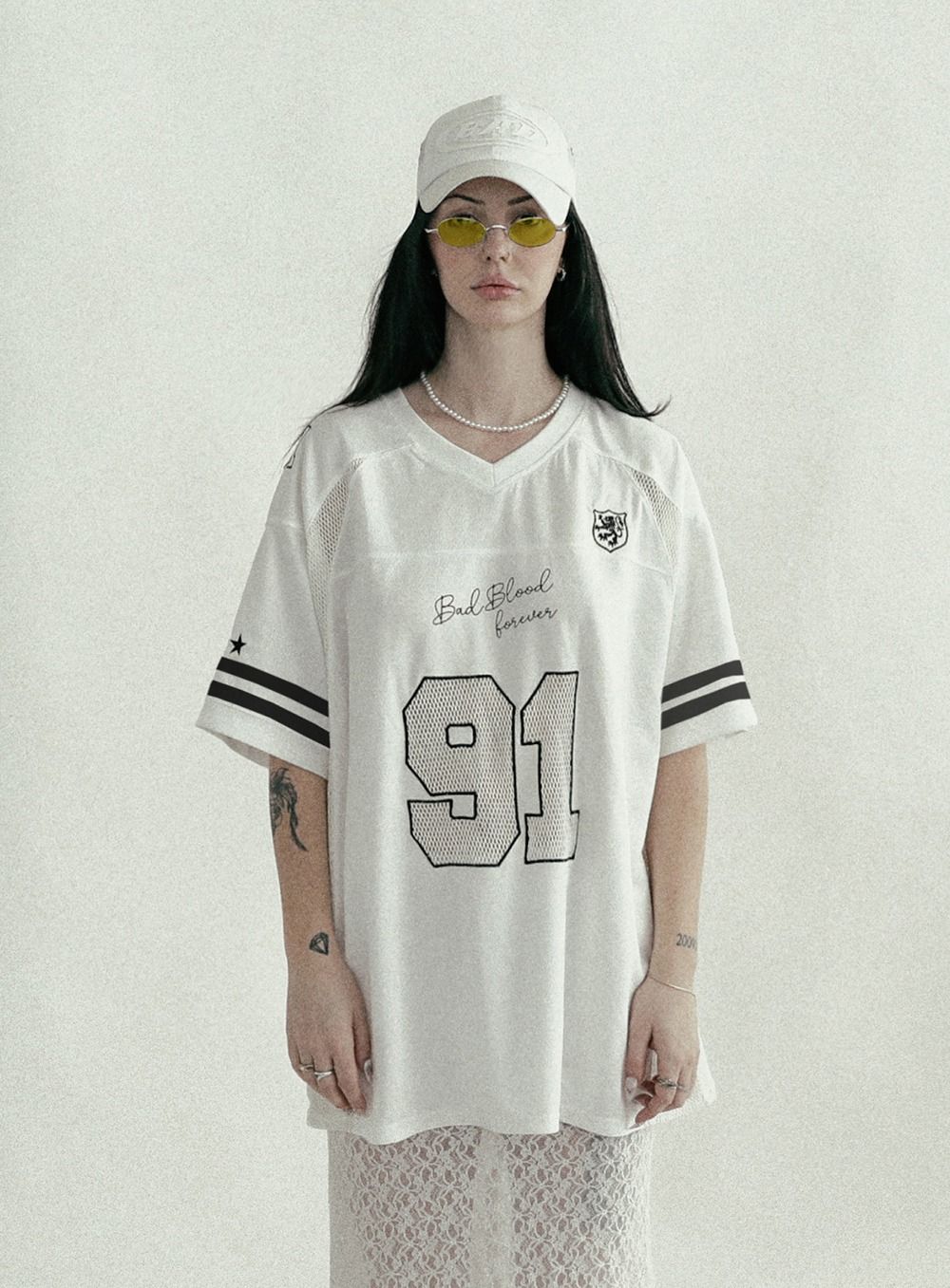  Áo Thun [Unisex] Badblood - [w-tee24-072] Crochet 91 Football Jersey Large Fit White 