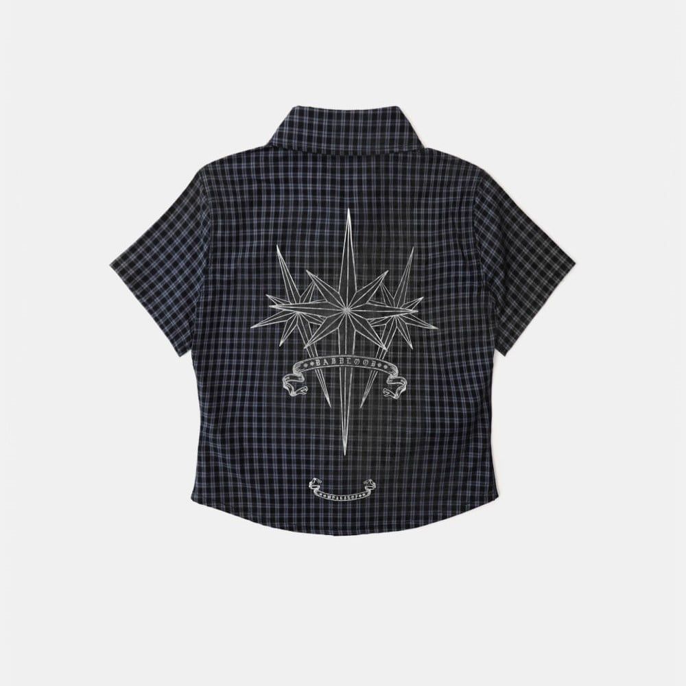  Áo Sơ Mi [Unisex] Badblood - [w-sht25-008] Cosmo Graphic Short Sleeve Shirt Charcoal Blue Check 