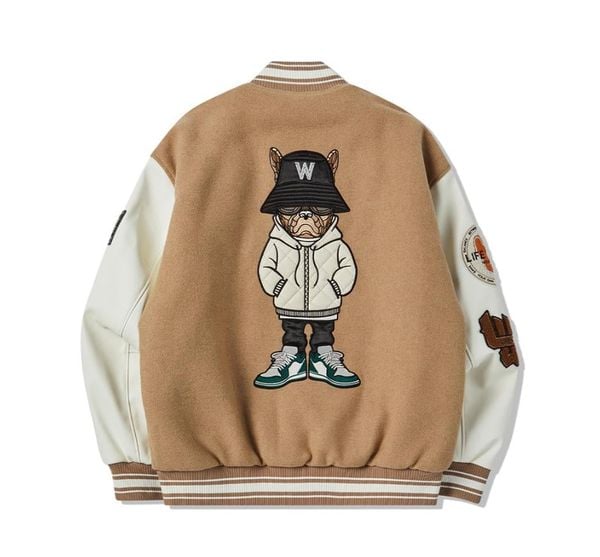 Áo Khoác Bomber LifeWork Hipdog Applique Varsity Jacket Beige - LW234JP120