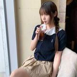  Áo Thun Len WHOAU [Nữ] - Steve R-neck Short Sleeve Cardigan Navy - WHCKF2401F 