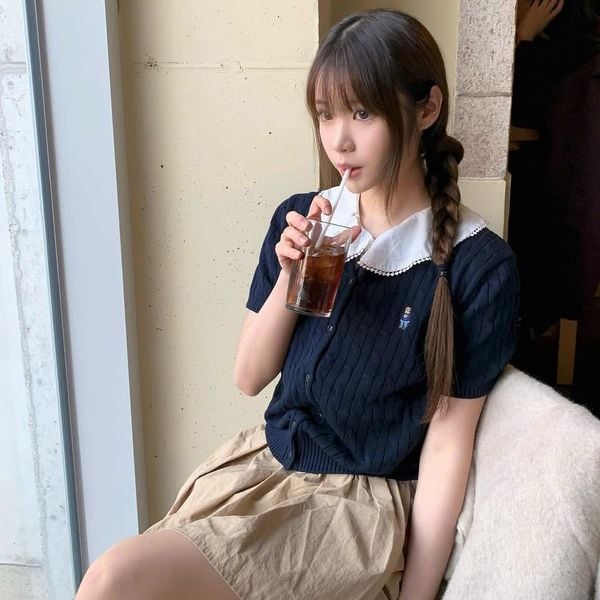 Áo Thun Len WHOAU [Nữ] - Steve R-neck Short Sleeve Cardigan Navy - WHCKF2401F