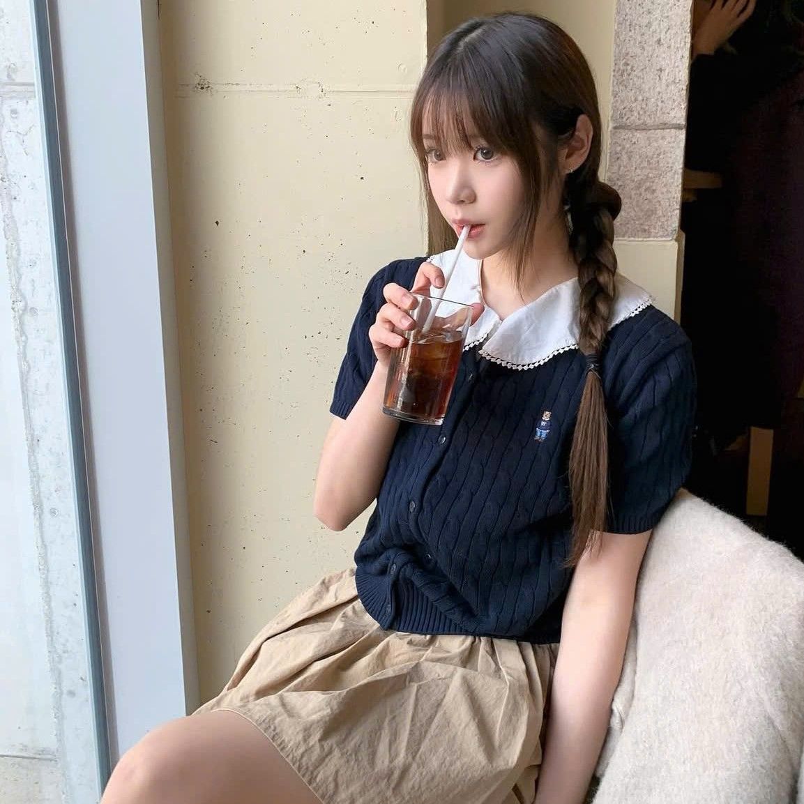  Áo Thun Len WHOAU [Nữ] - Steve R-neck Short Sleeve Cardigan Navy - WHCKF2401F 