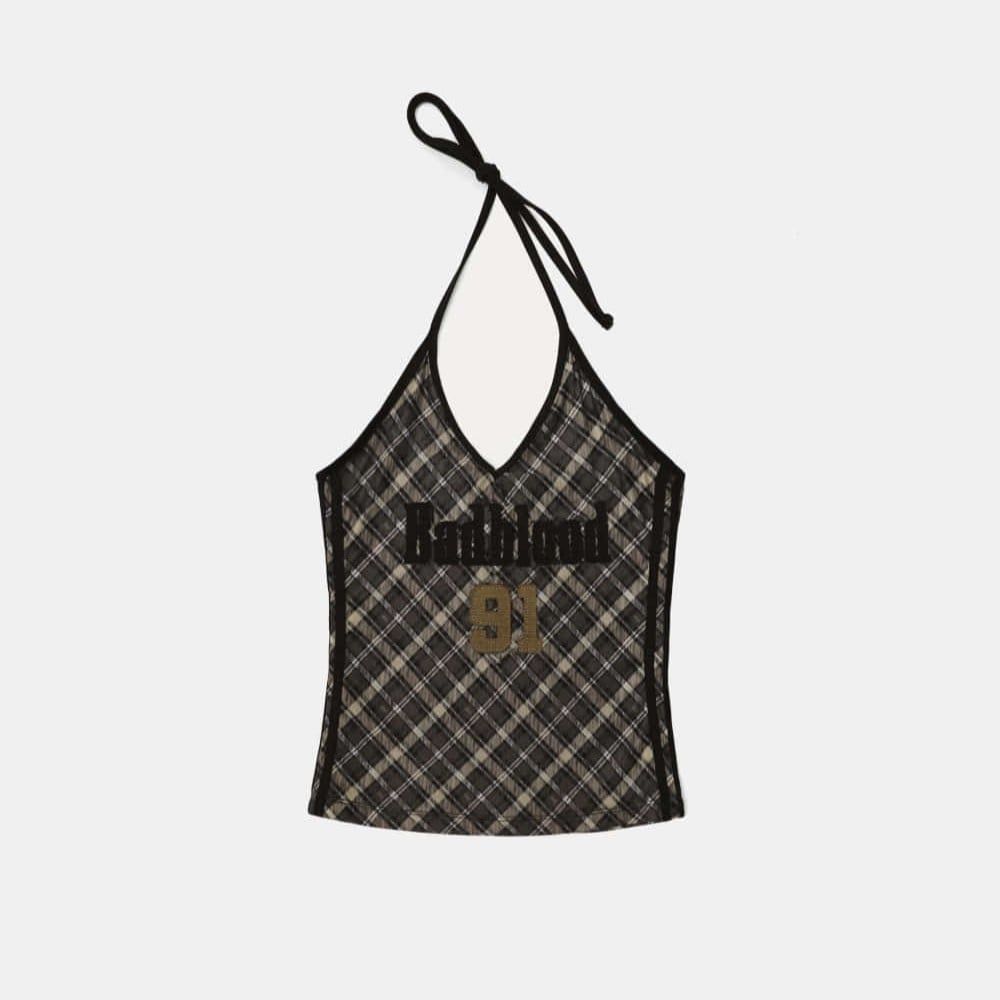  Áo Hai Dây [Nữ] Badblood - [w-tnk25-016] Vintage Club Halter Tank Check Brown 
