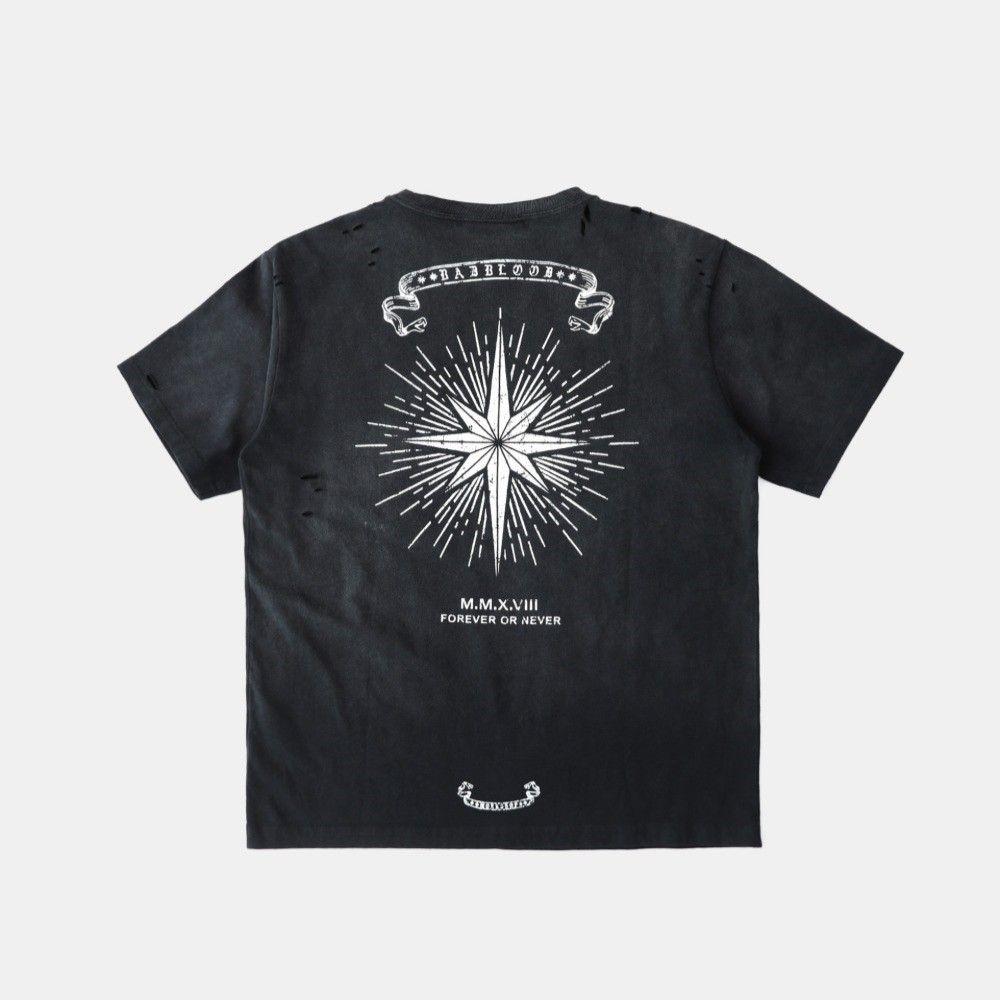  Áo Thun [Unisex] Badblood - [w-tee25-124] Cosmo Print Distressed Pocket T-Shirt - Black 