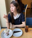  Áo Thun Len WHOAU [Nữ] - Steve R-neck Short Sleeve Cardigan Navy - WHCKF2401F 