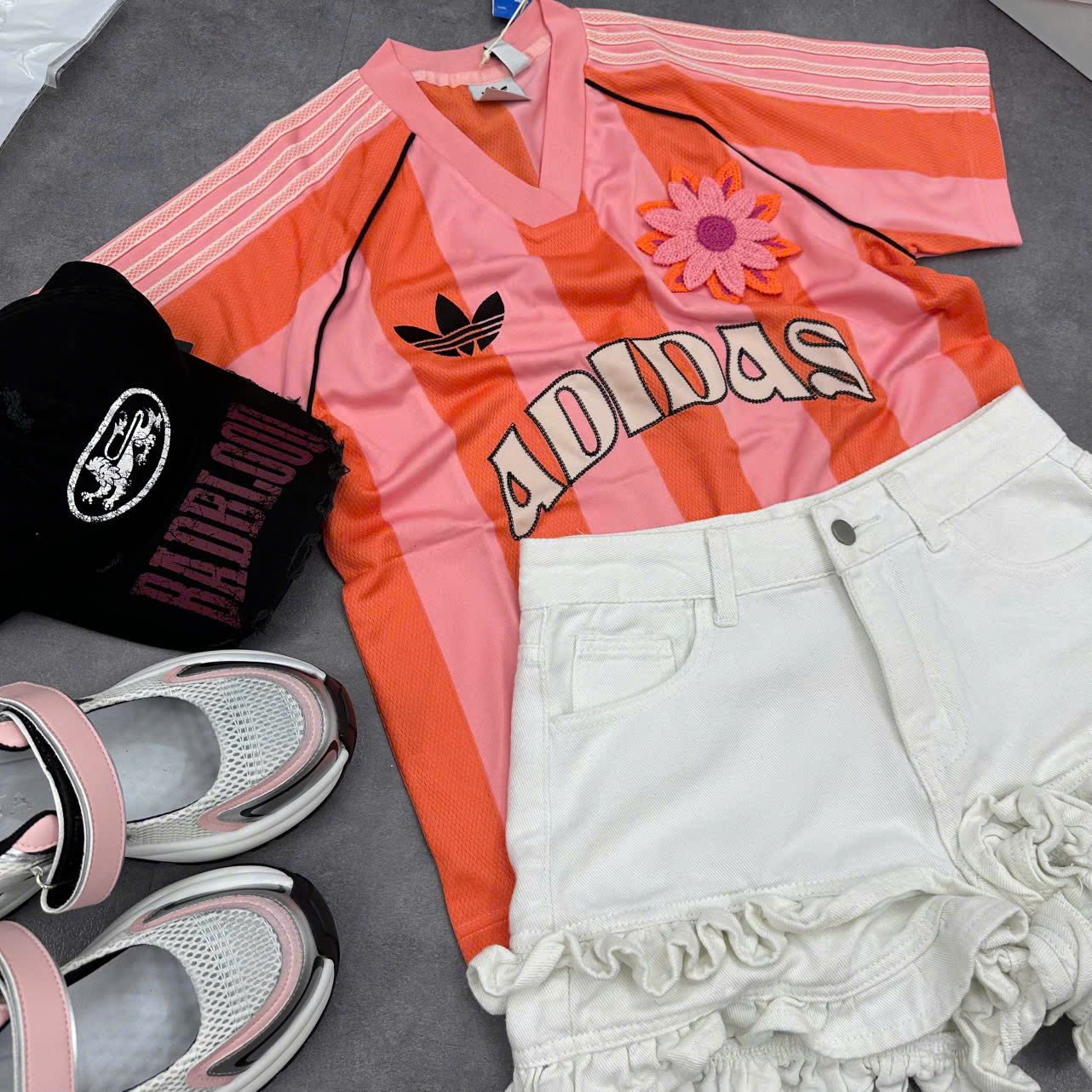  Áo Thun Bóng Đá ADIDAS [Nữ] Kẻ Sọc Cam 