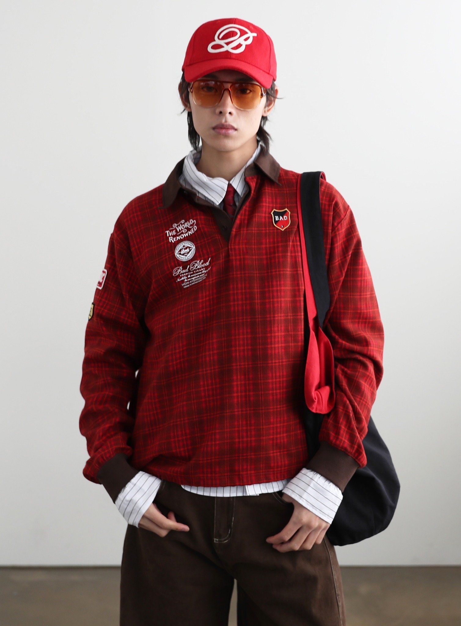  Áo Sweater [Unisex] Badblood - [w-sweatshirt24-013] Classic Check Rugby Shirt - Red 