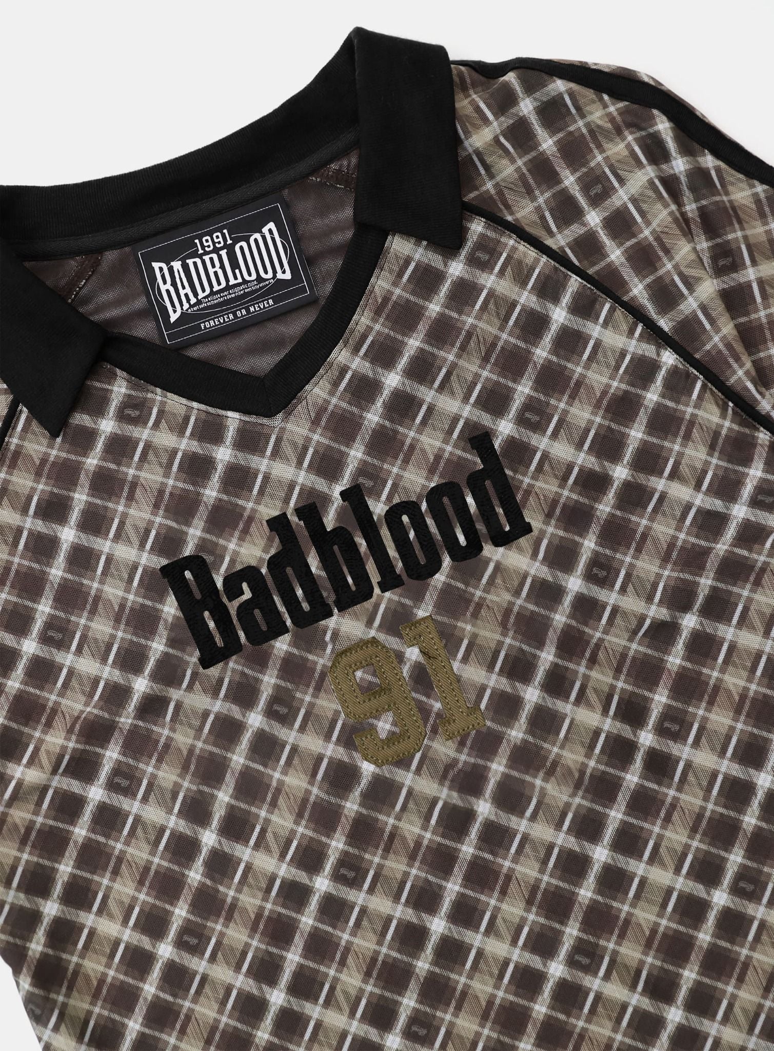  Áo Thun [Unisex] Badblood - [w-tee25-023] Vintage Club V-Neck Check T-Shirt Brown 