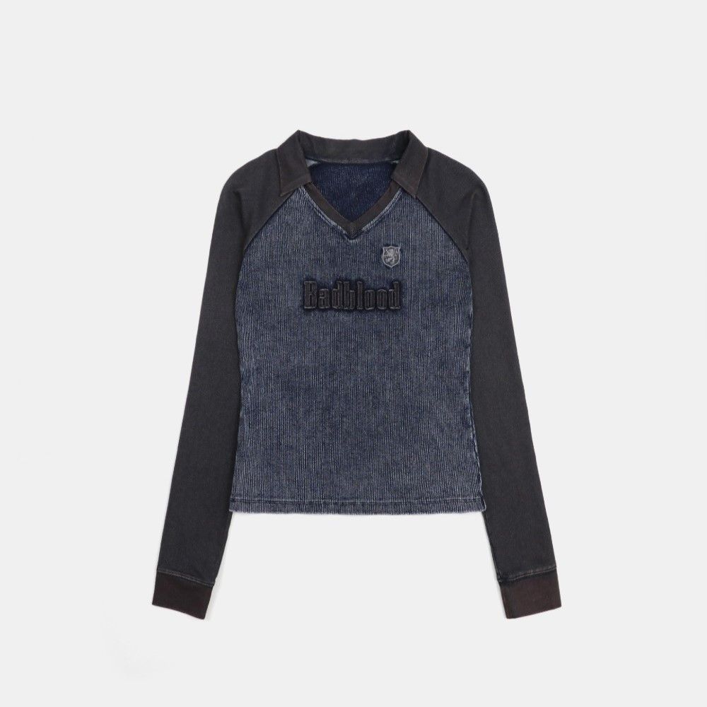  Áo Thun Dài Tay [Unisex] Badblood - [w-tee25-016] Rusty Denim V-Neck Long Sleeve Blue 