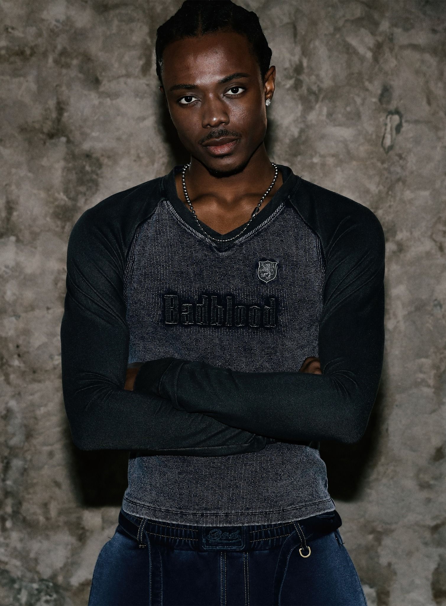  Áo Thun Dài Tay [Unisex] Badblood - [w-tee25-016] Rusty Denim V-Neck Long Sleeve Blue 