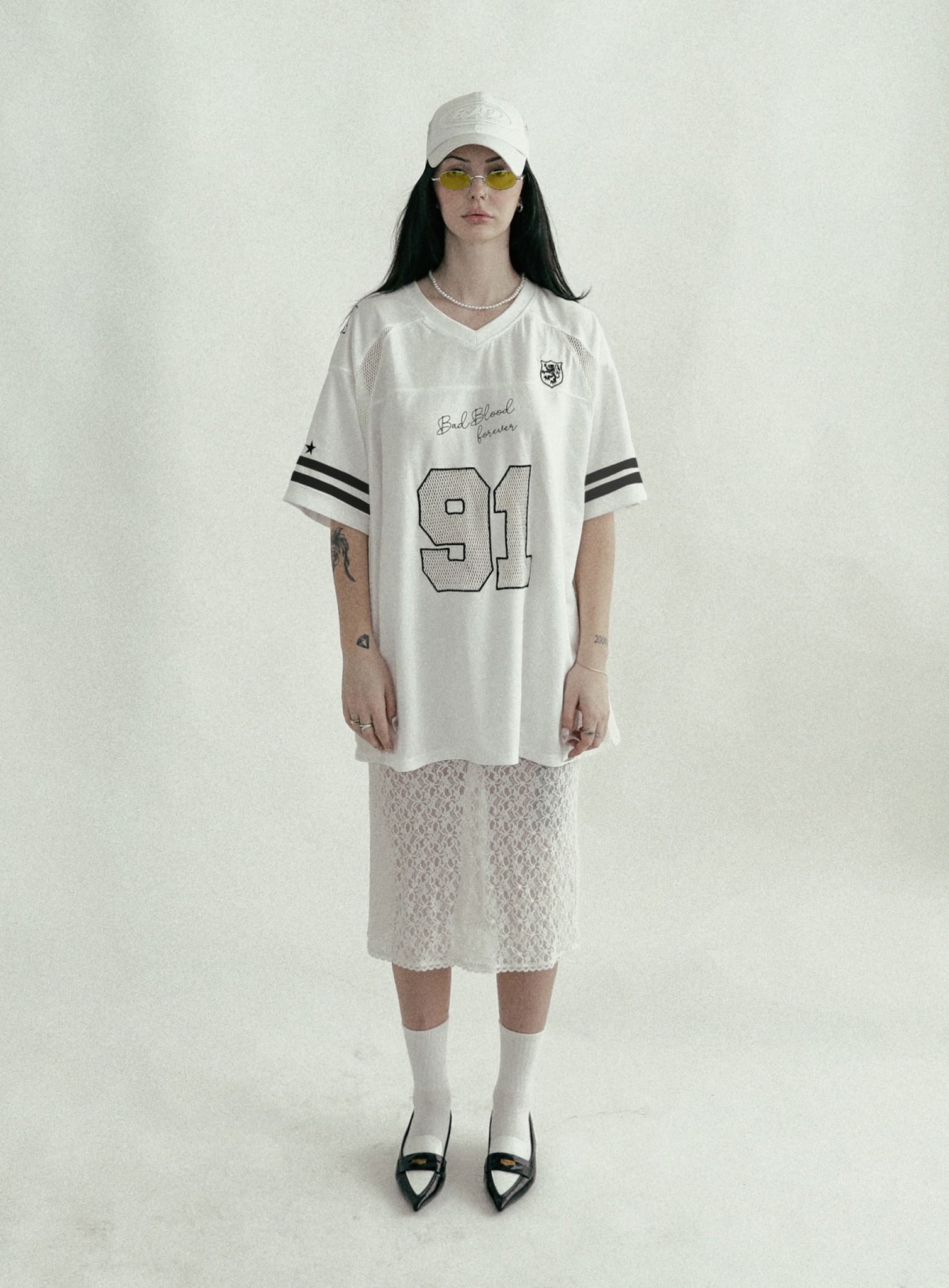  Áo Thun [Unisex] Badblood - [w-tee24-072] Crochet 91 Football Jersey Large Fit White 