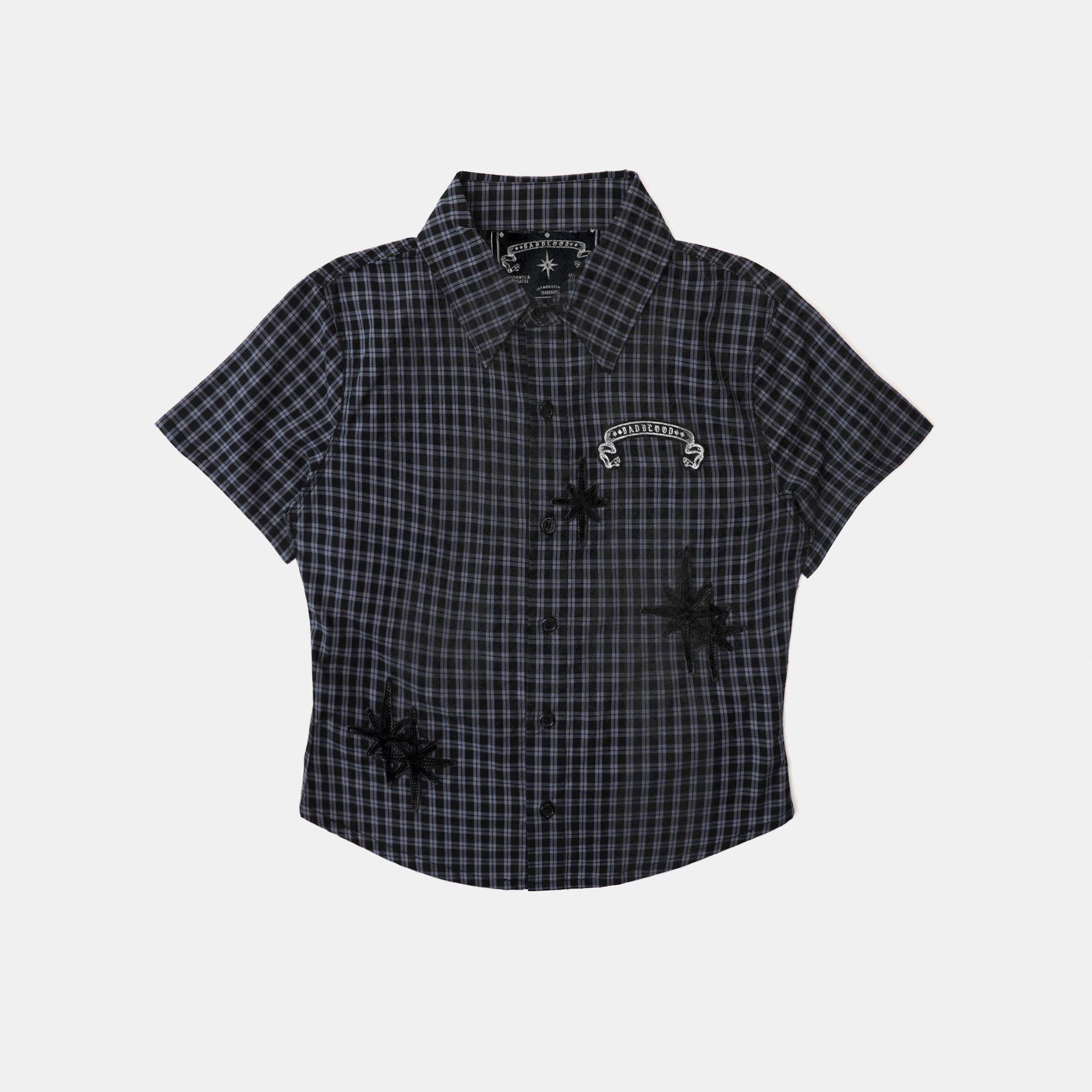  Áo Sơ Mi [Unisex] Badblood - [w-sht25-008] Cosmo Graphic Short Sleeve Shirt Charcoal Blue Check 
