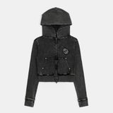  Áo Khoác [Unisex] Badblood - [w-hde25-008] Rusty Denim Hoodie Slim Fit Black 