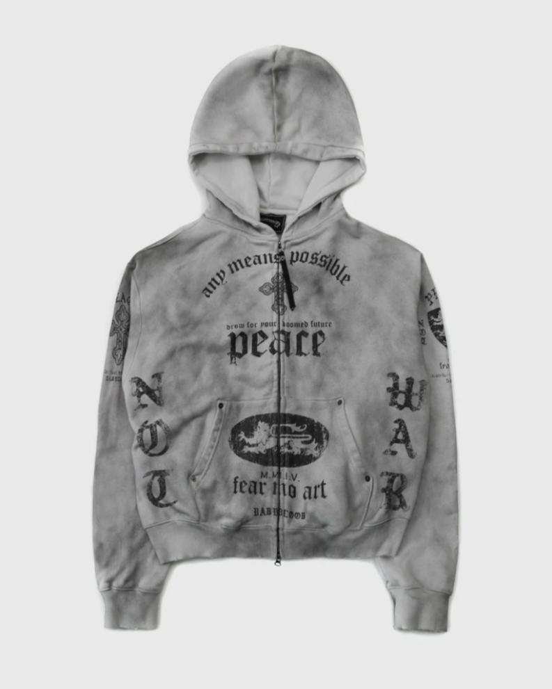  Áo Khoác [Unisex] Badblood - [w-hde25-043] PEACE NOT WAR Hooded Zip-Up Dusty White 