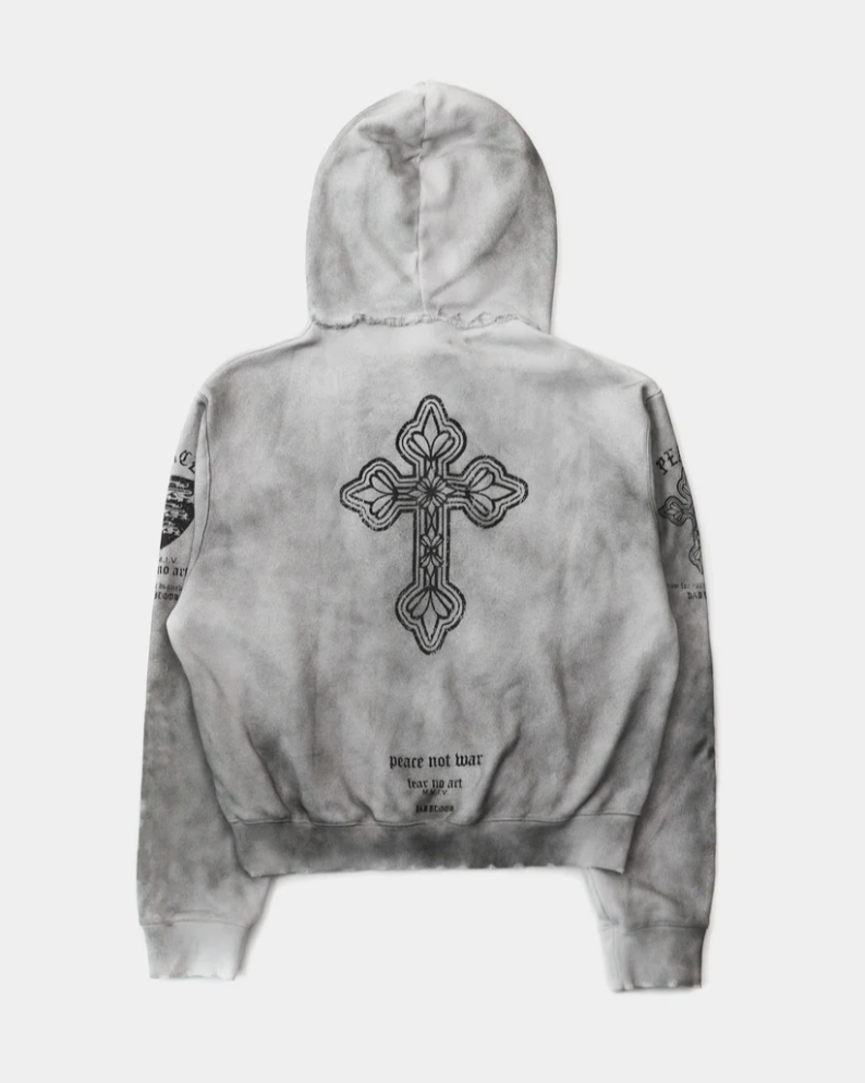  Áo Khoác [Unisex] Badblood - [w-hde25-043] PEACE NOT WAR Hooded Zip-Up Dusty White 
