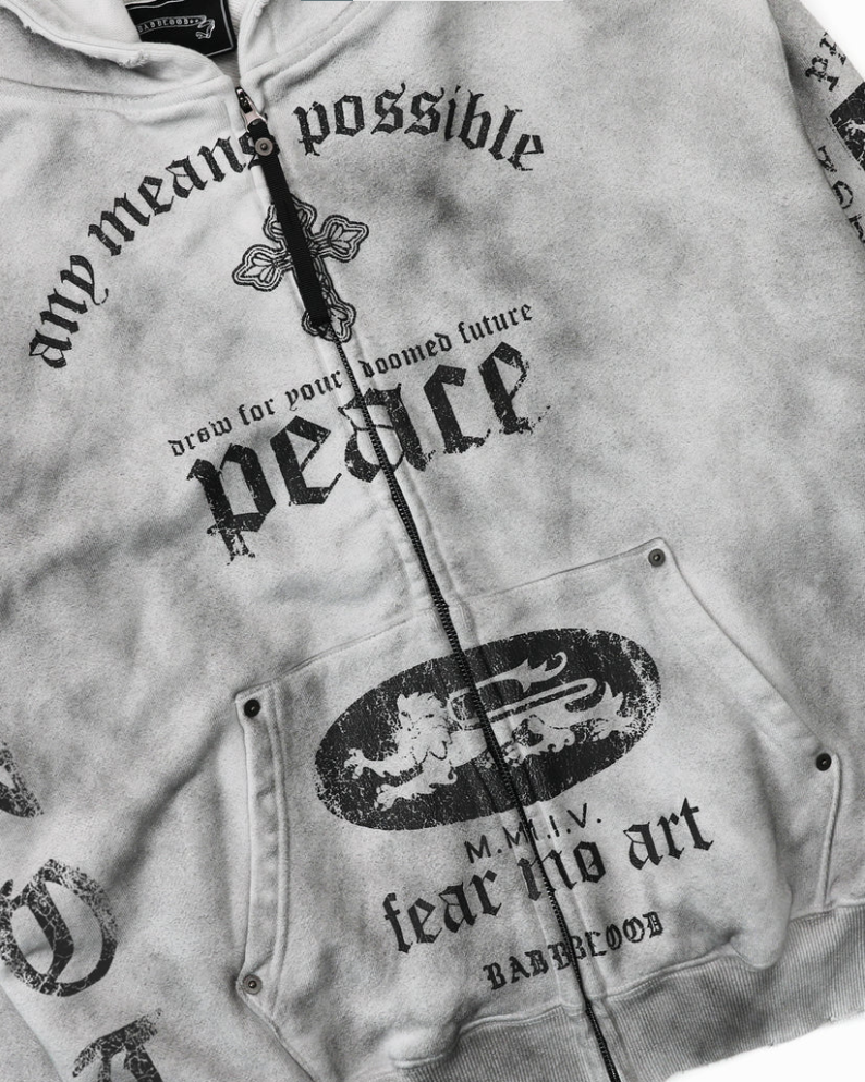  Áo Khoác [Unisex] Badblood - [w-hde25-043] PEACE NOT WAR Hooded Zip-Up Dusty White 