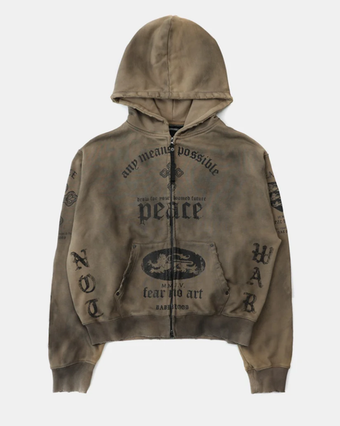 Áo Khoác [Unisex] Badblood - [w-hde25-044] PEACE NOT WAR Hooded Zip-Up Dusty Beige