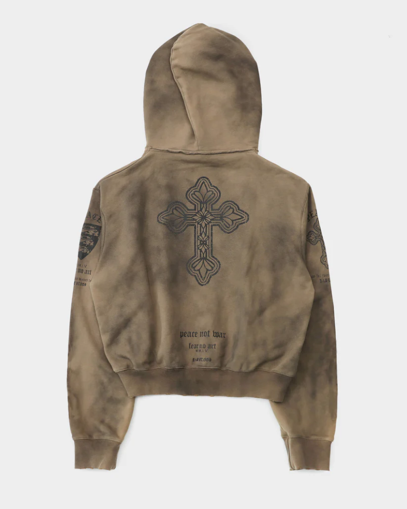  Áo Khoác [Unisex] Badblood - [w-hde25-044] PEACE NOT WAR Hooded Zip-Up Dusty Beige 