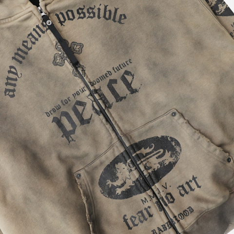 Áo Khoác [Unisex] Badblood - [w-hde25-044] PEACE NOT WAR Hooded Zip-Up Dusty Beige