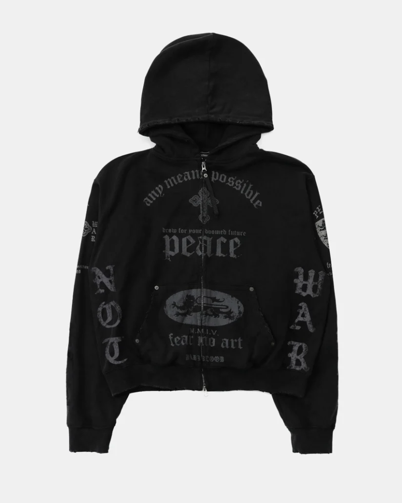  Áo Khoác [Unisex] Badblood - [w-hde25-045] PEACE NOT WAR Hooded Zip-Up Dusty Black 