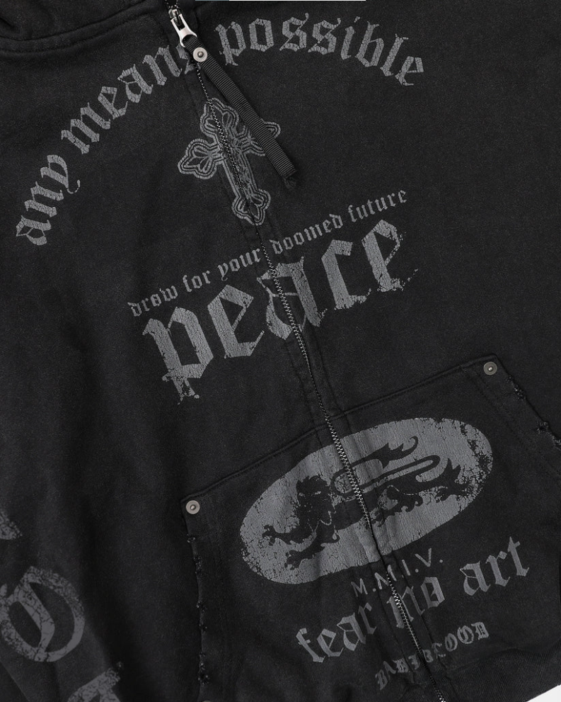  Áo Khoác [Unisex] Badblood - [w-hde25-045] PEACE NOT WAR Hooded Zip-Up Dusty Black 