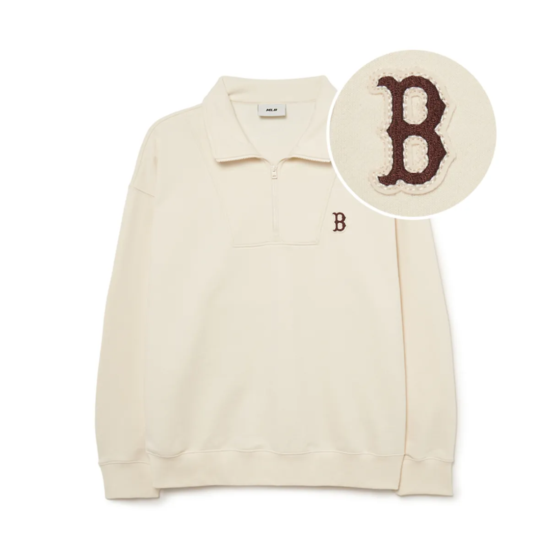  Áo Sweater MLB Korea - Basic Small Logo Half-Zip Oversized Boston Beige - 3AMTB0534-43BGS 