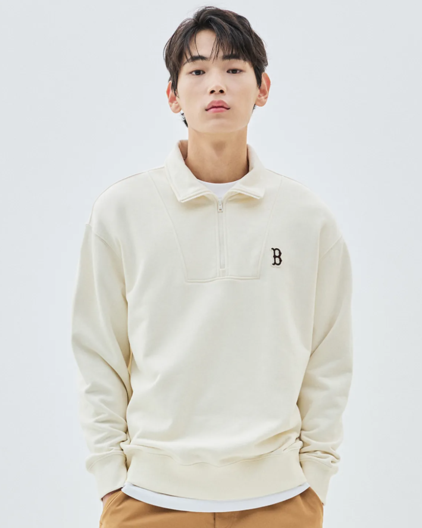  Áo Sweater MLB Korea - Basic Small Logo Half-Zip Oversized Boston Beige - 3AMTB0534-43BGS 