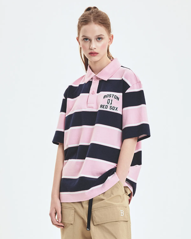  Áo Polo MLB [Unisex] - Varsity Stripe Oversized Collared Boston - 3APQV0253-43PKM 
