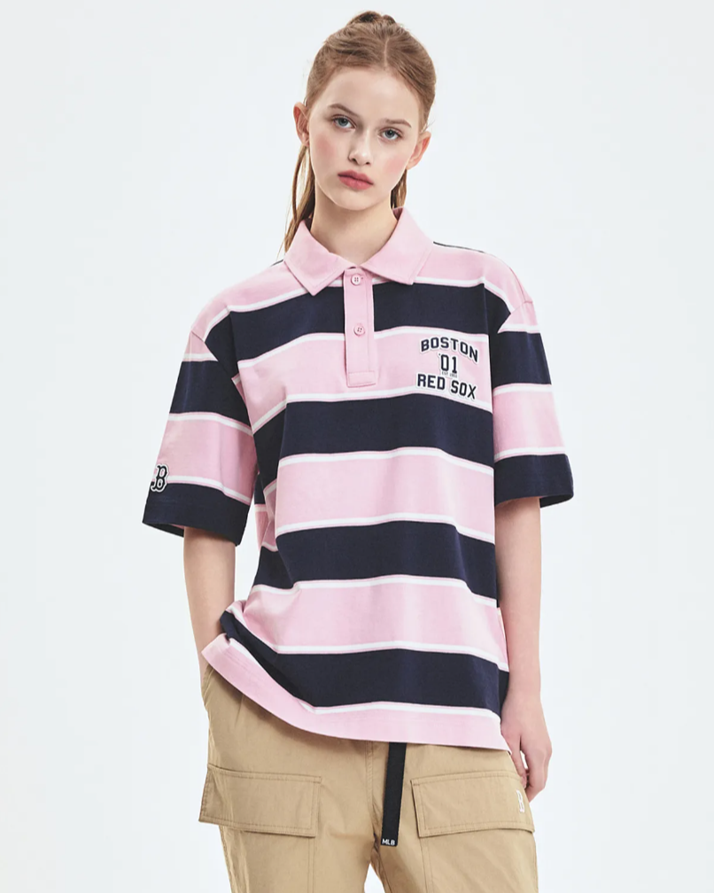 Áo Polo MLB [Unisex] - Varsity Stripe Oversized Collared Boston - 3APQV0253-43PKM 