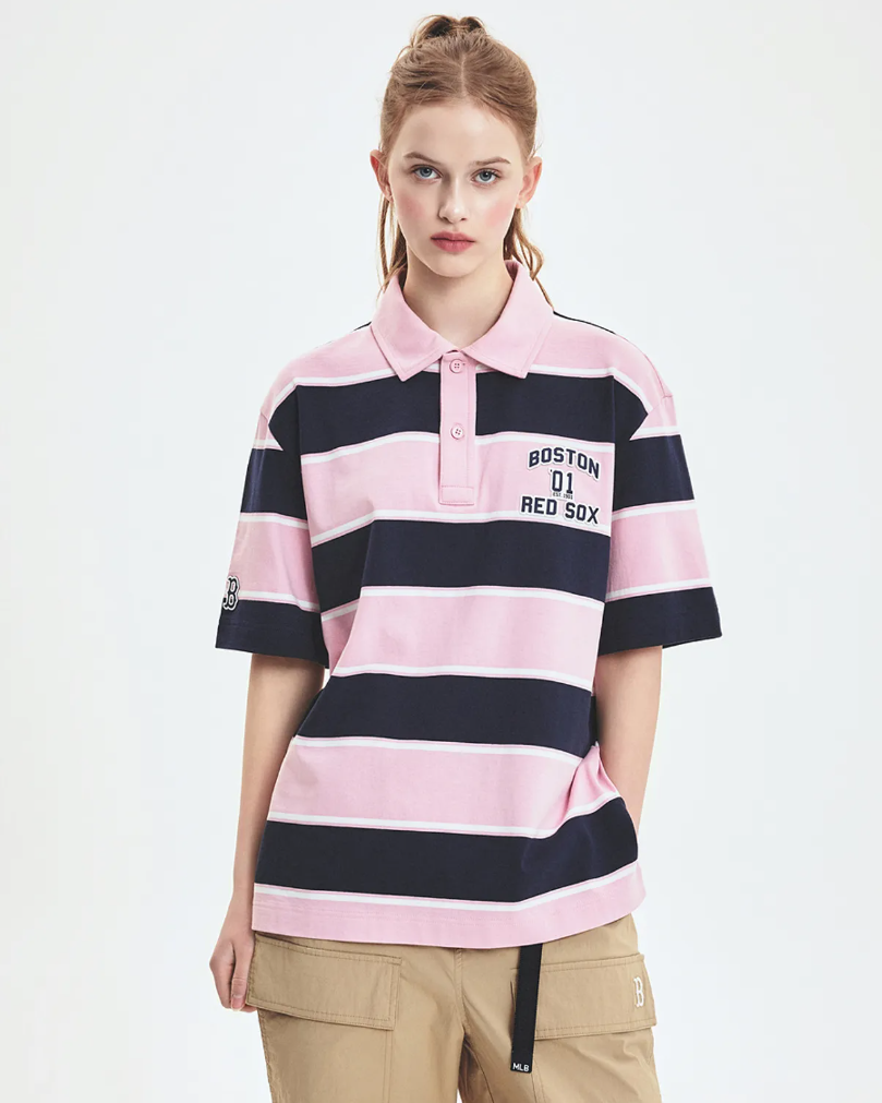  Áo Polo MLB [Unisex] - Varsity Stripe Oversized Collared Boston - 3APQV0253-43PKM 