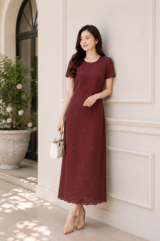  Đầm Suông Trung Niên Chất Linen Dáng Dài Chân Tùng Thêu Đục Lỗ Sang Trọng DL570 