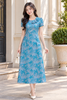 Đầm Gấm Dệt Hoa Xanh Pastel Cổ Vạt Bèo Thời Thượng DL840