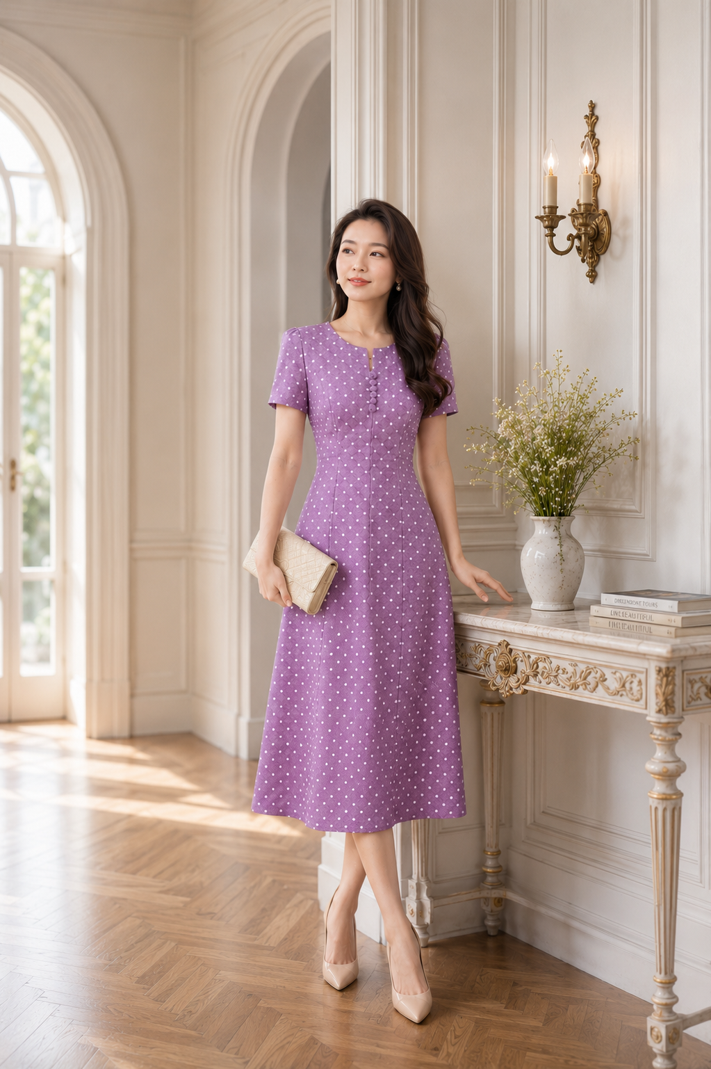 Đầm Suông A Công Sở Chấm Bi Cổ Xẻ Phối Cúc Tôn Dáng Gọn DL590