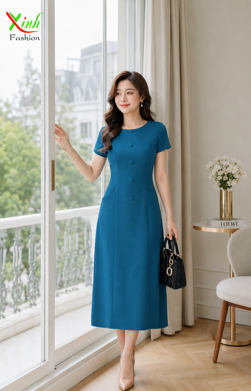 Đầm Suông Công Sở Phối Nút Che Bụng Sang Trọng Vải Co Giãn DL507