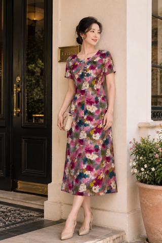  Đầm Suông A Diện Tiệc Sang Trọng Chất Linen Kim Cương Phối Màu Loang DL600 