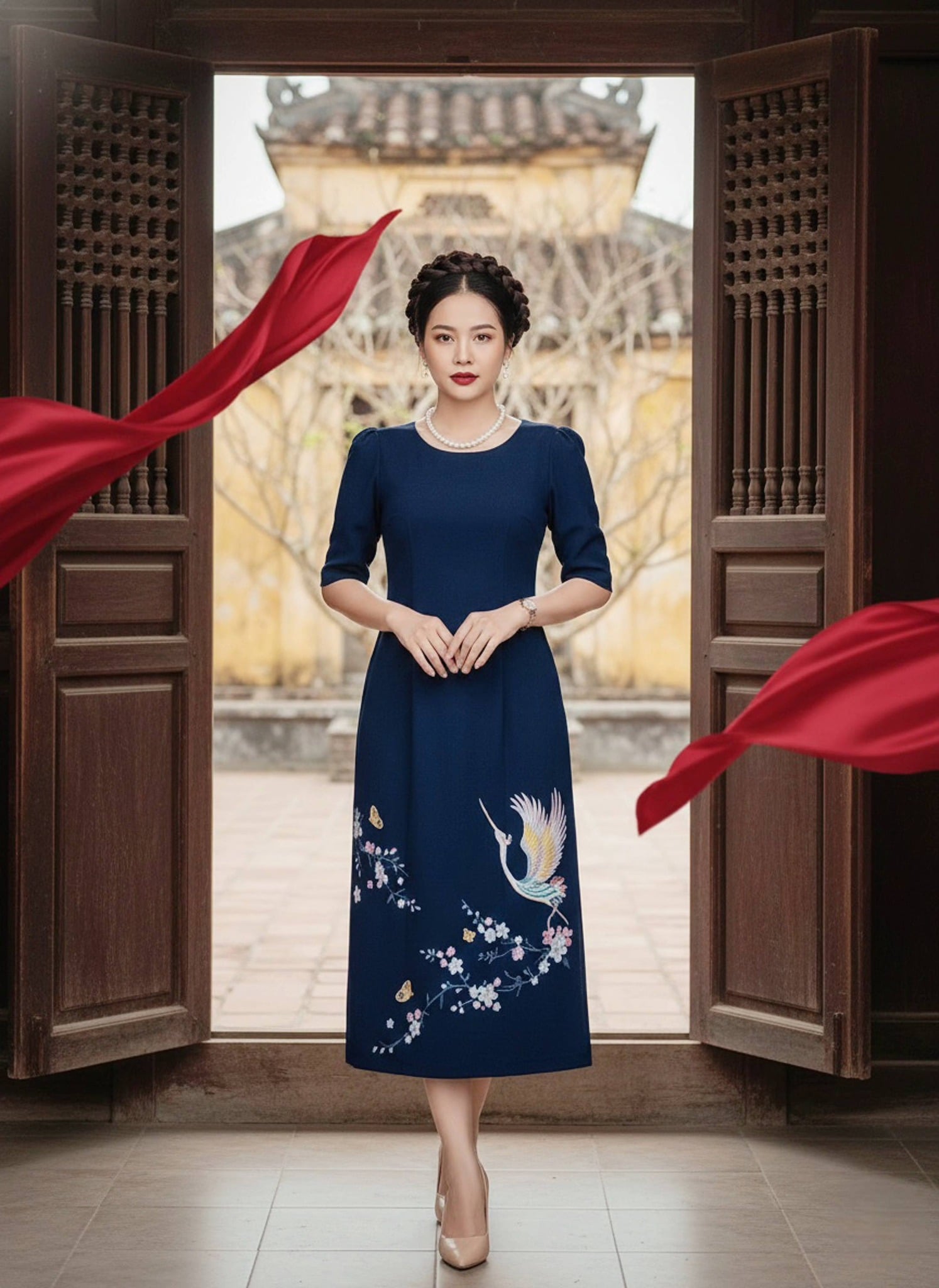 Đầm Suông Tay Lỡ Xanh Than Thêu Cảnh Xuân Thời Thượng DL981