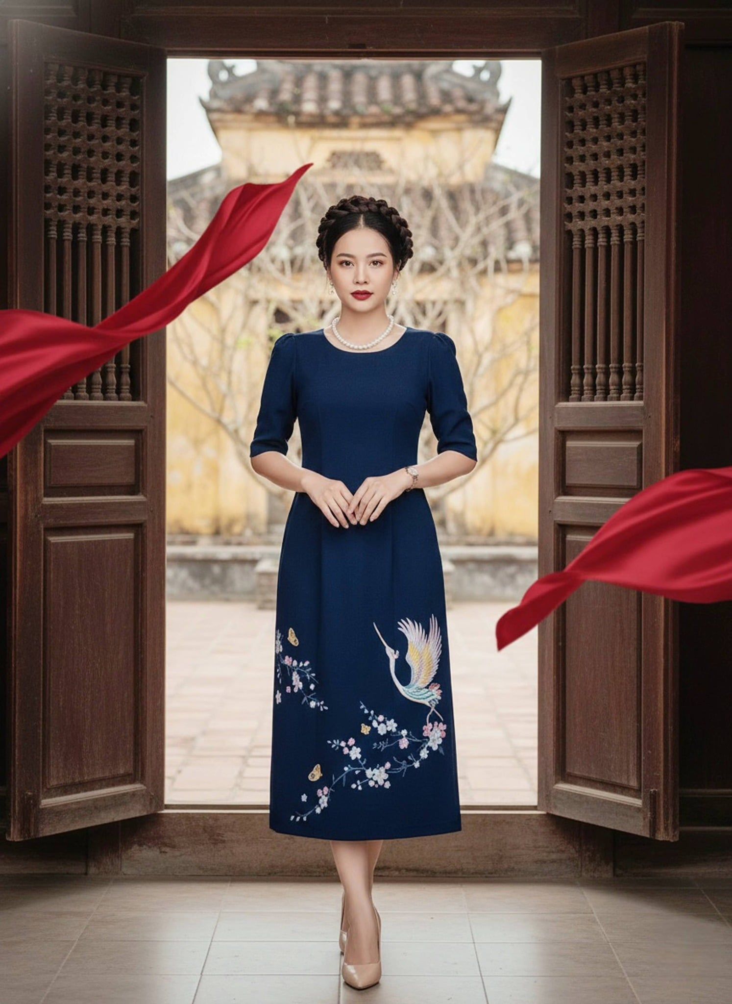 Đầm Suông Tay Lỡ Xanh Than Thêu Cảnh Xuân Thời Thượng DL981