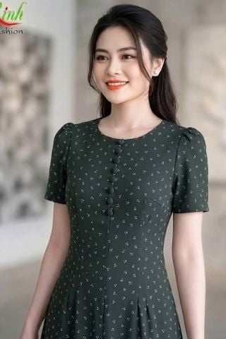  Đầm Suông Xanh Rêu 8 Mảnh Phối Cúc Trẻ Trung Thanh Lịch DL606 