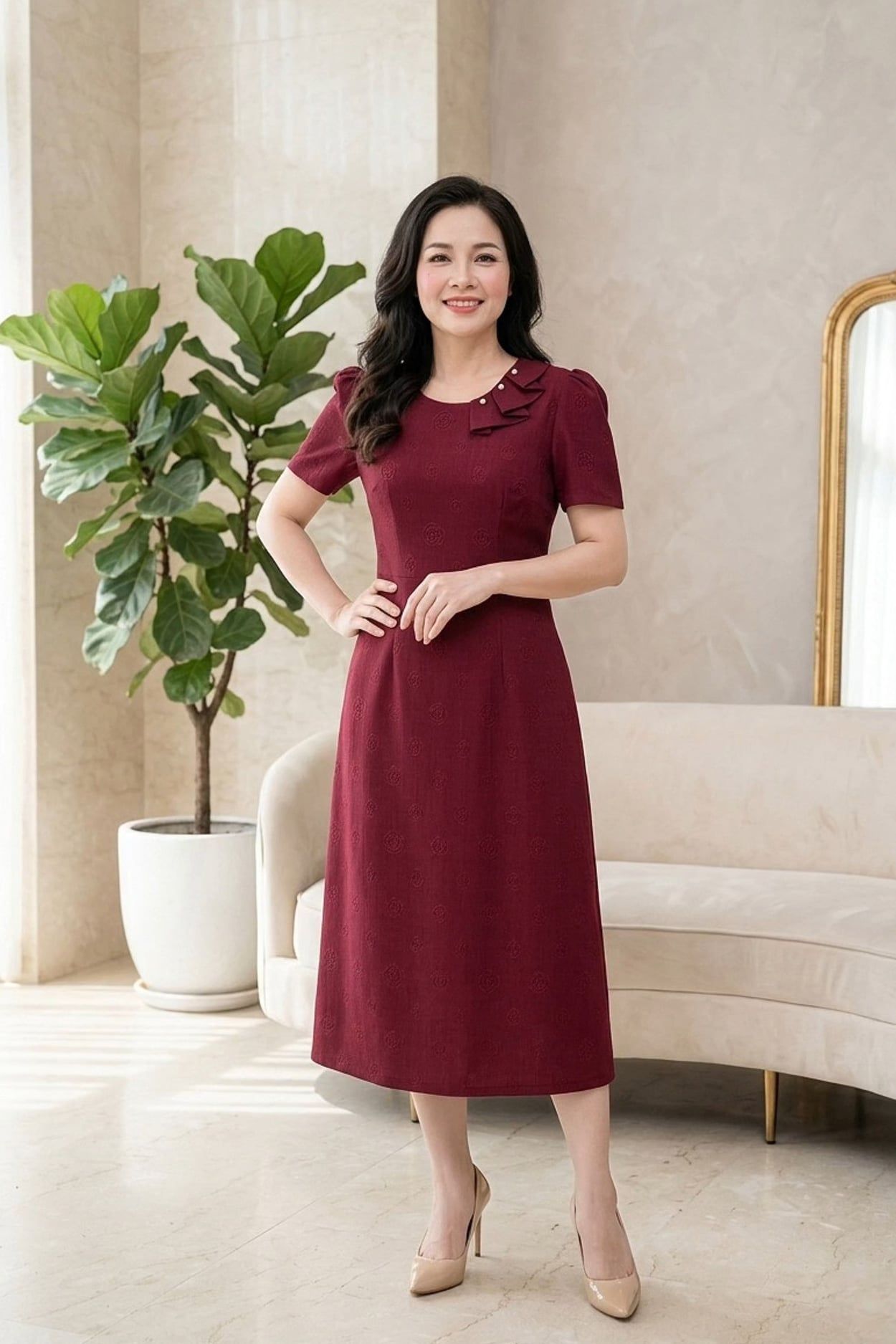 Đâm Suông A Basic Đỏ đô Vân Hoa Nổi Thanh Lịch DL678