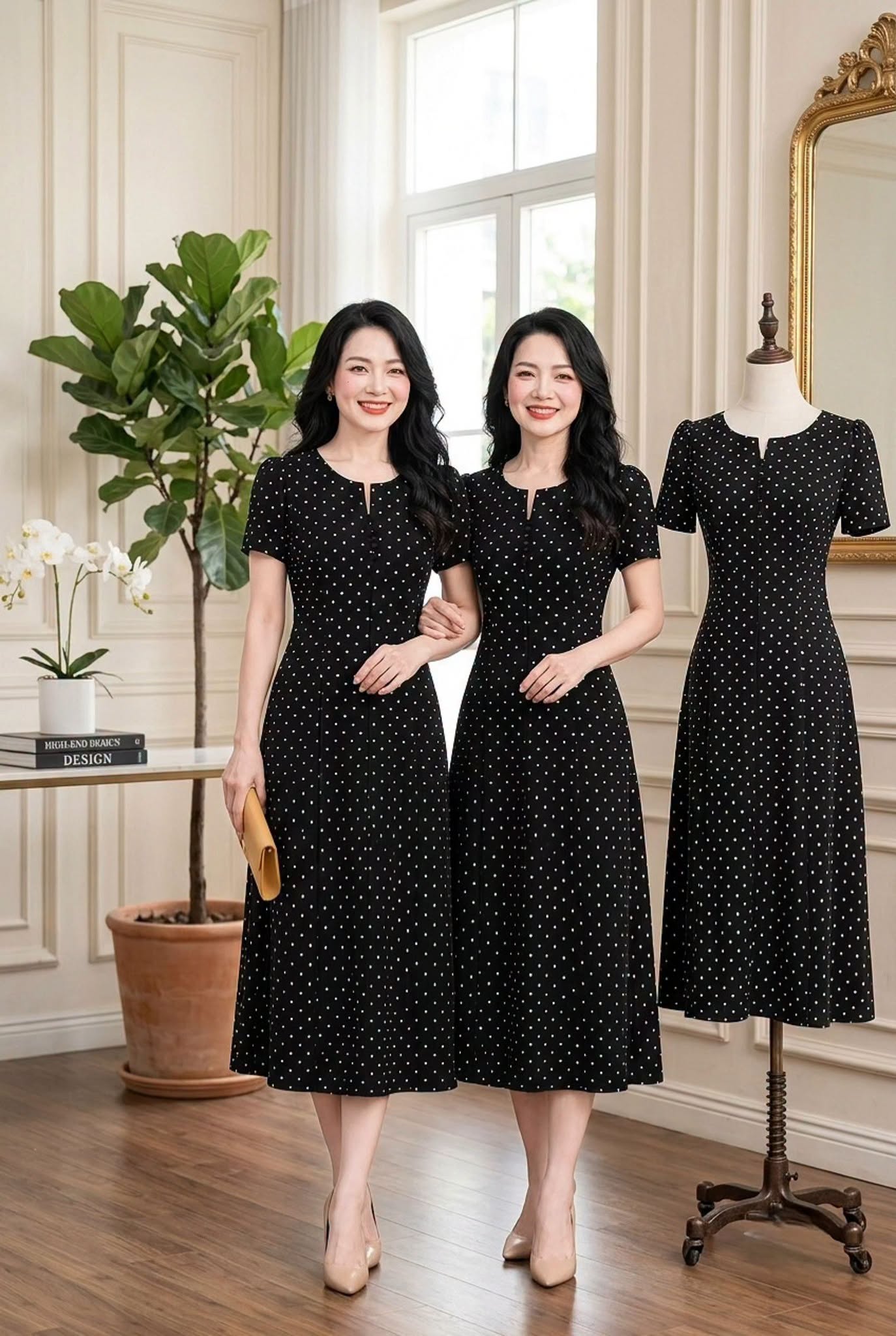 Đầm Suông A Đen Chấm Bi Cổ Xẻ Phối Cúc Tôn Dáng Gọn DL592